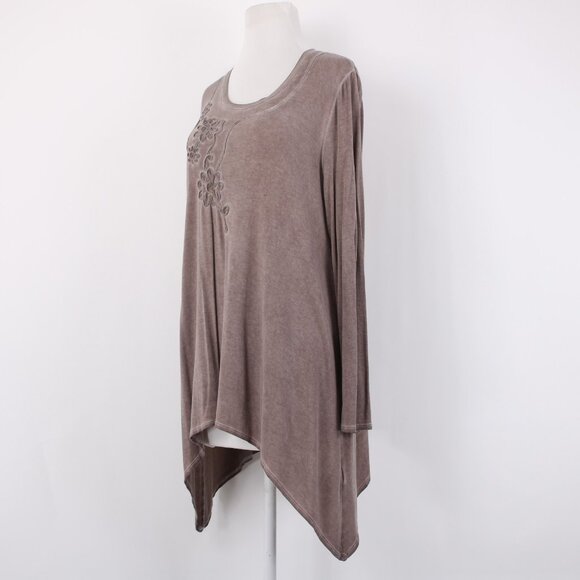 Charlie Paige Top Sz S/M Brown Floral Asymmetrical Tunic Rayon Spandex Top - Picture 3 of 13